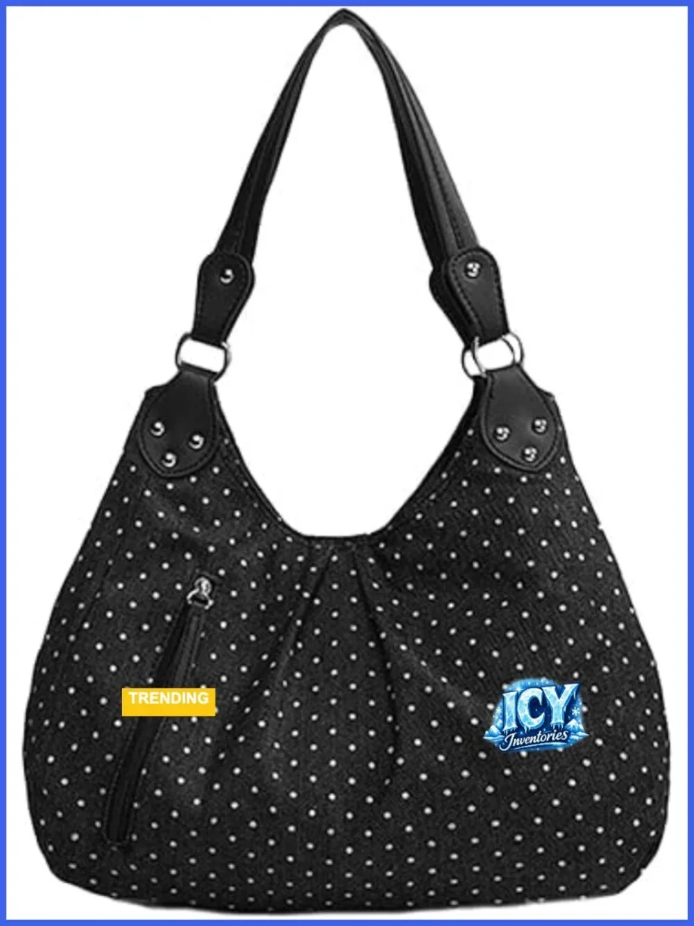 Polka Dot Slouchy Hobo Shoulder Bag, Studded Tote with Front Zipper, Large